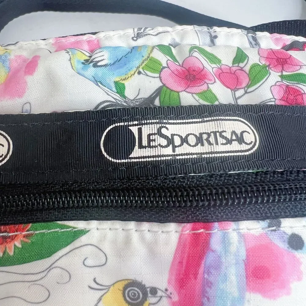 RARE LeSportSac Birds and Butterflies White Pink Nylon Crossbody Bag Swan